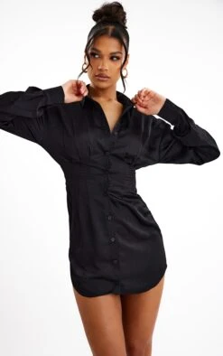 Black Satin Fitted Waist Shirt Dress -Cheap Dress Store 3258c2491591392a0d6cb064025dae3cf6228fa8 cnc7697 3