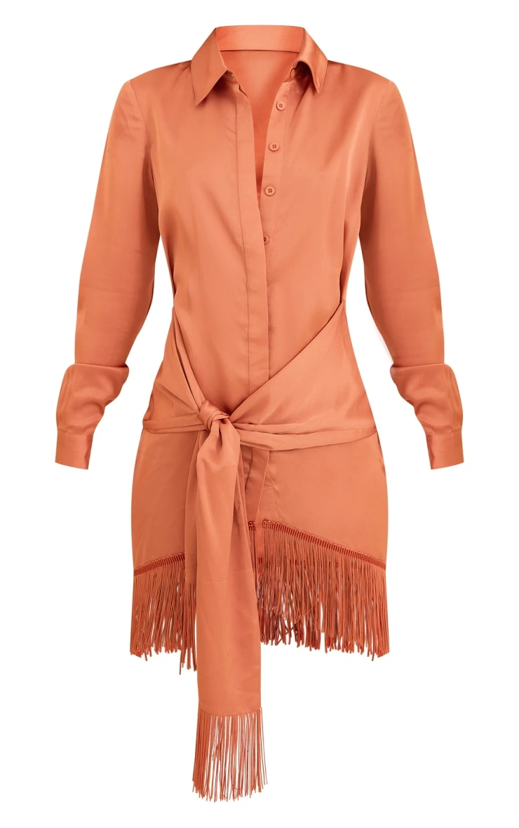 Rust Satin Drape Detail Tassel Hem Shirt Dress 7 Rust Satin Drape Detail Tassel Hem Shirt Dress - Image 5