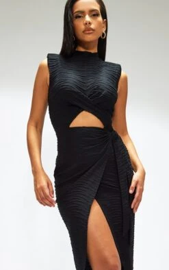 Black Textured High Neck Cross Waist Wrap Midi Dress -Cheap Dress Store 36fc3b496ca1d827cb77f24b830a53d6dda77d5b cnb7301 4
