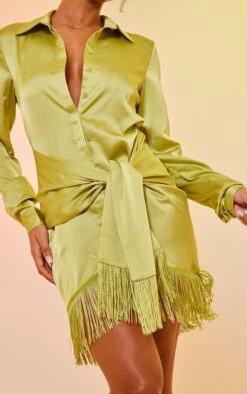 Lime Satin Drape Detail Tassel Hem Shirt Dress -Cheap Dress Store 38b5ae9cd7455aebc40315fdad5a6ac8c5dc3926 cnd7687 4