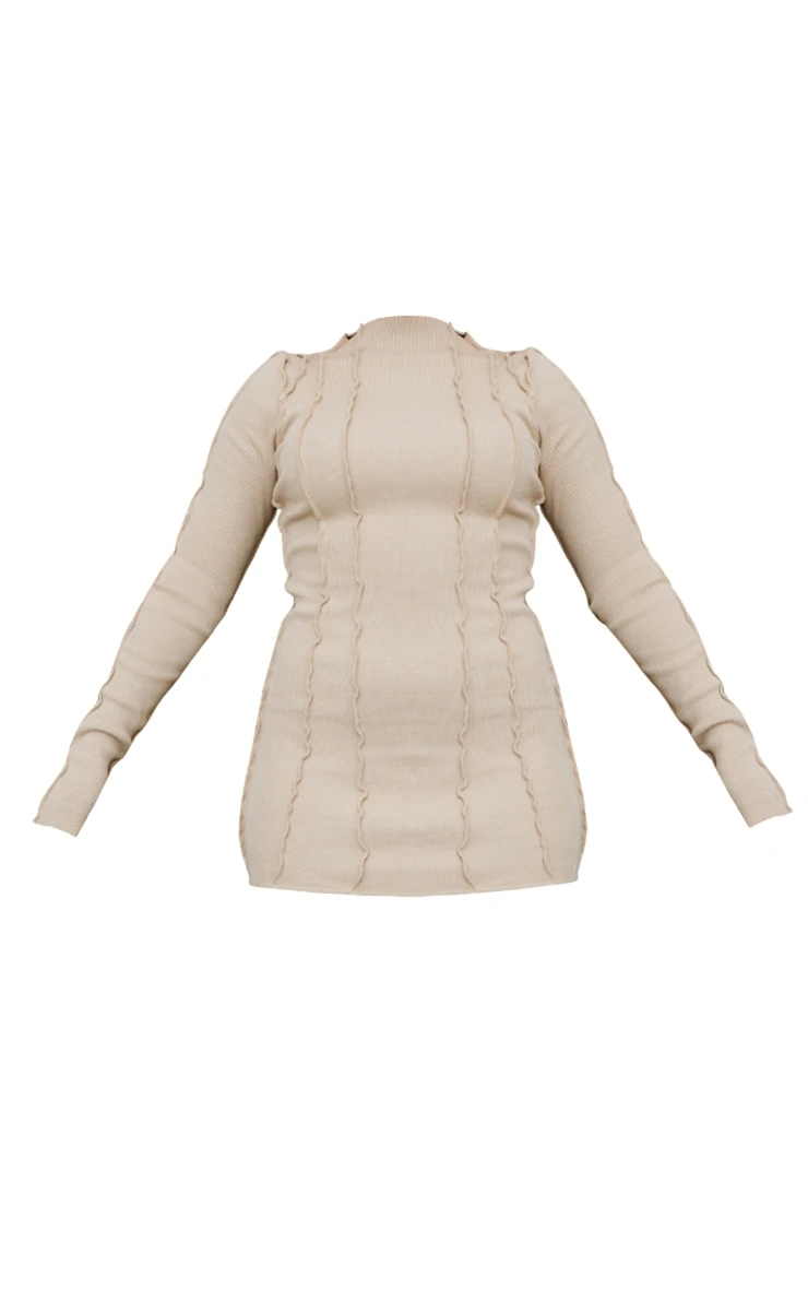 Oatmeal Rib High Neck Seam Detail Bodycon Dress 7 Oatmeal Rib High Neck Seam Detail Bodycon Dress - Image 5