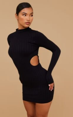 Black Structured Contour Rib High Neck Cut Out Bodycon Dress