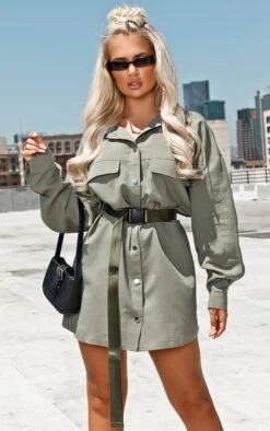 Khaki Cargo Oversized Popper Front Shirt Dress -Cheap Dress Store 3c640400e07d5e720cf1e86130f637ddbdd4fb0b CMF1249 4