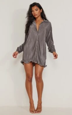 Charcoal Plisse Frill Hem Shirt Dress