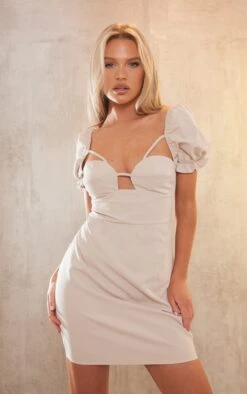 Stone Puff Sleeve Cup Detail Cut Out Bodycon Dress