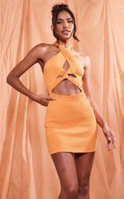 Orange Textured Halter Twist Detail Bodycon Dress -Cheap Dress Store 4030e5a0eabe022ada4bc5303d61f534e4640dfd cnd5890 3