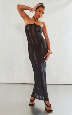 Black Textured Laddered Trim Detail Halter Maxi Dress