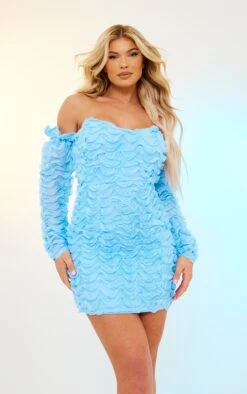 Baby Blue Textured Effect Bardot Bodycon Dress