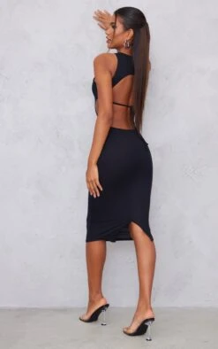 Black Rib Cut Out Side Midaxi Dress