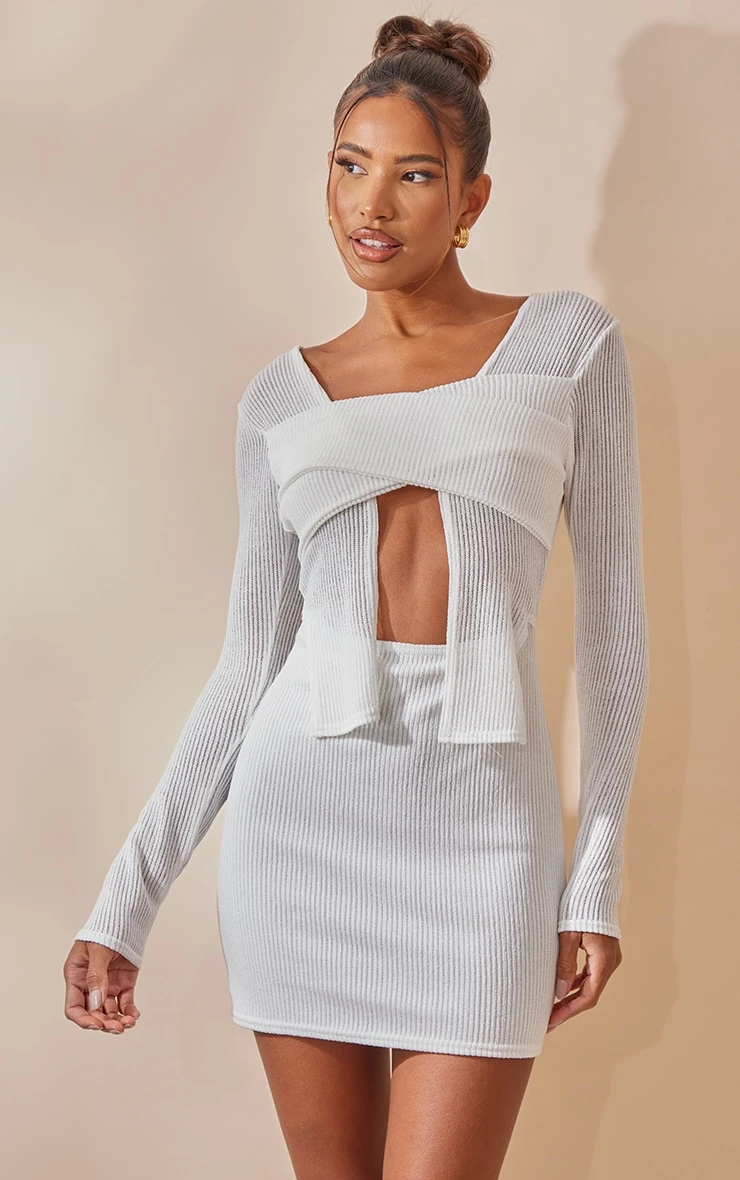 Cream Rib Wrap Cut Out Bodycon Dress 3 Cream Rib Wrap Cut Out Bodycon Dress