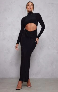 Black Slinky Cut Out Ruched Waist Long Sleeve Maxi Dress