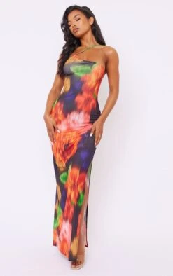 Multi Blurred Floral Burnout Mesh One Shoulder Maxi Dress