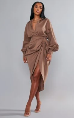 Taupe Balloon Sleeve Gathered Skirt Midi Shirt Dress