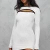 Cream Ribbed Cut Out Long Sleeve Bodycon Dress
