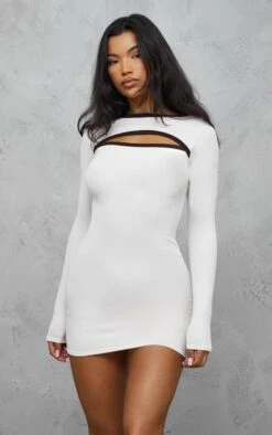 Cream Ribbed Cut Out Long Sleeve Bodycon Dress