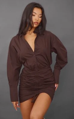 Chocolate Oversized Shirt Ruched Bodycon Dress