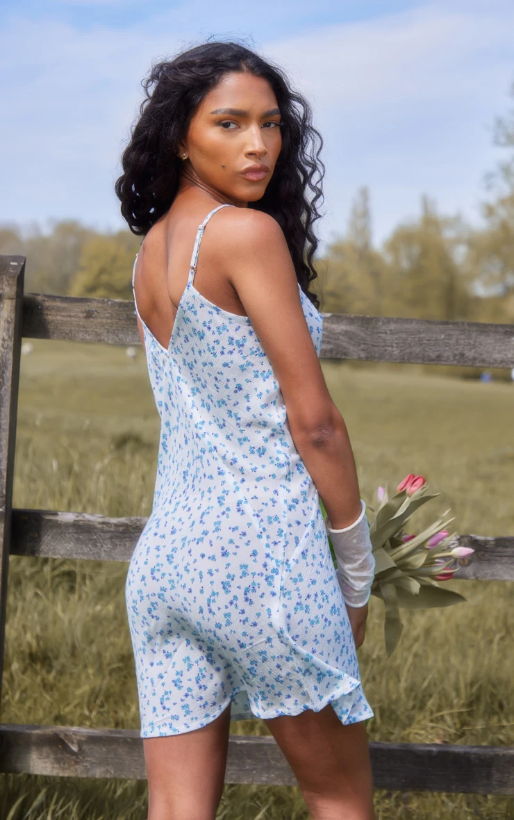 Blue Ditsy Floral Printed Strappy Shift Dress 4 Blue Ditsy Floral Printed Strappy Shift Dress - Image 2