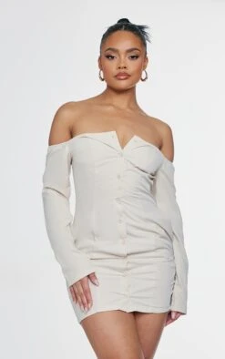 Cream Woven Bardot Pocket Detail Shirt Dress