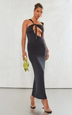 Black Slinky Asymmetric Strap Knot Detail Midaxi Dress