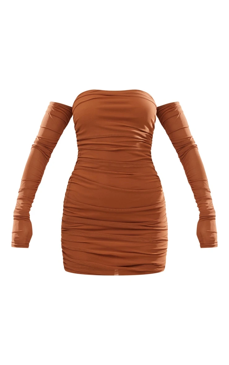 Caramel Mesh Ruched Bardot Bodycon Dress 7 Caramel Mesh Ruched Bardot Bodycon Dress - Image 5