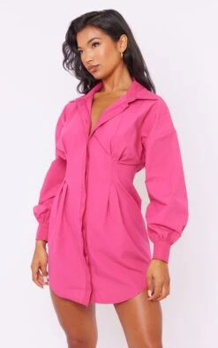 Hot Pink Fitted Waist Long Sleeve Shirt Dress