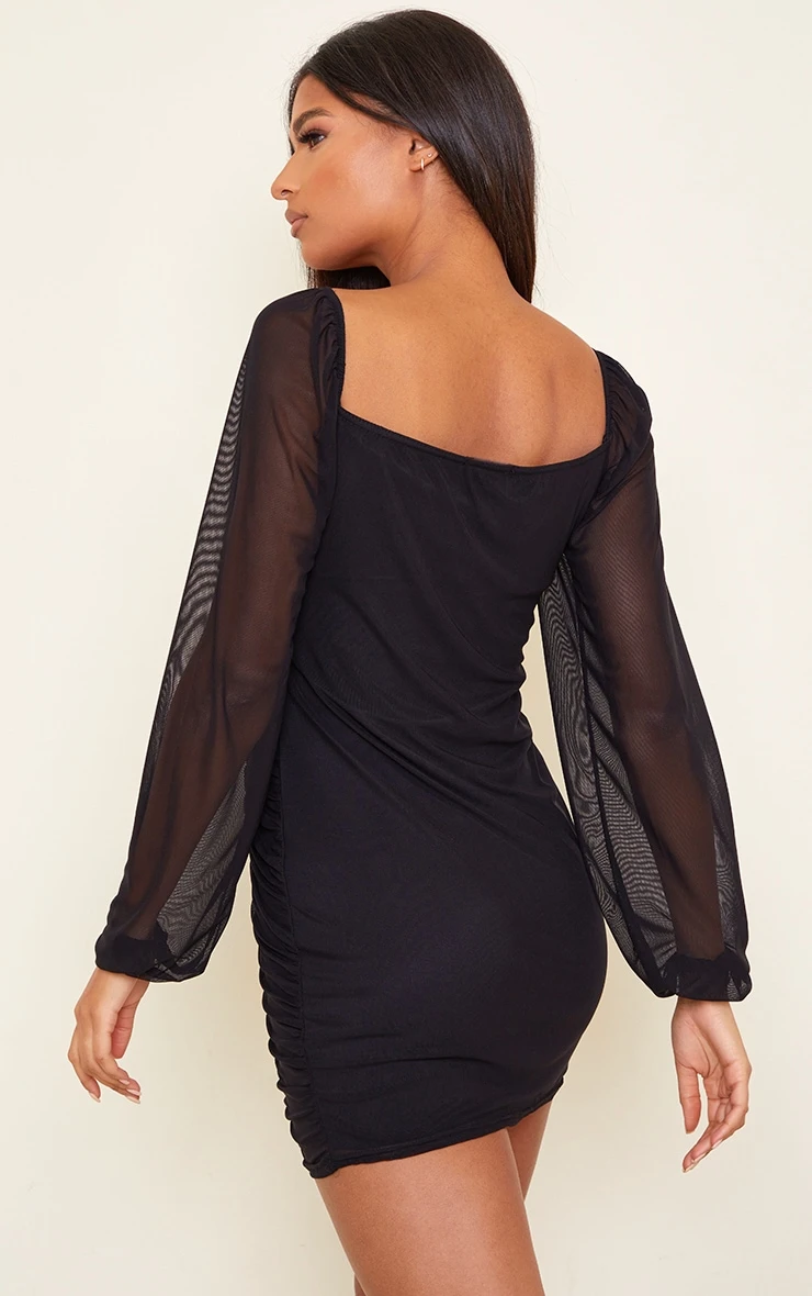 Black Mesh Double Ruched Long Sleeve Bodycon Dress 4 Black Mesh Double Ruched Long Sleeve Bodycon Dress - Image 2