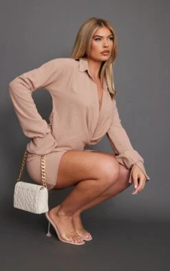 Taupe Textured Woven Extreme Plunge Bell Cuff Shirt Dress -Cheap Dress Store 5629ce0dac38965ada162bf56ca466d647dd43a5 cnd0597 3
