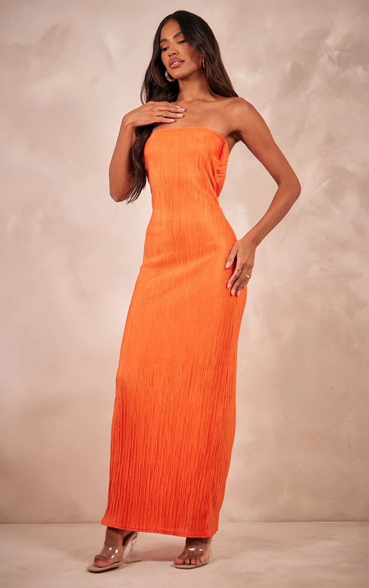 Orange Plisse Bandeau Cowl Back Maxi Dress 4 Orange Plisse Bandeau Cowl Back Maxi Dress - Image 2