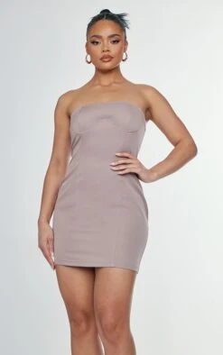 Taupe Woven Bandeau Under Bust Detail Bodycon Dress