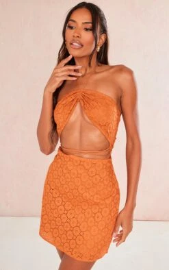 Rust Broderie Anglaise Cut Out Strap Detail Bodycon Dress