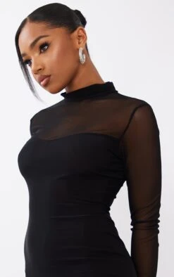 Black Slinky Mesh Insert Long Sleeve Bodycon Dress -Cheap Dress Store 573333ccf91ef9c5c030f43a3fab245e315a168d cnc2326 4