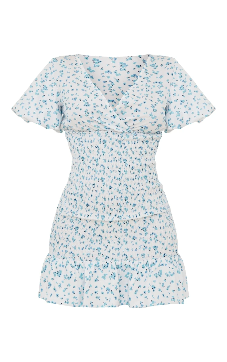 Blue Ditsy Floral Print Shirred V Neck Bodycon Dress 7 Blue Ditsy Floral Print Shirred V Neck Bodycon Dress - Image 5