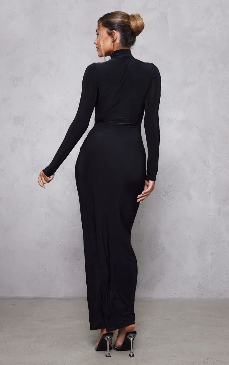 Black Slinky Cut Out Ruched Waist Long Sleeve Maxi Dress 4 Black Slinky Cut Out Ruched Waist Long Sleeve Maxi Dress - Image 2