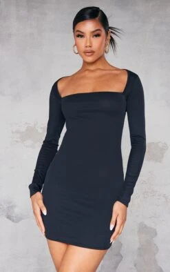 Black Rib Extreme Square Neck Bodycon Dress