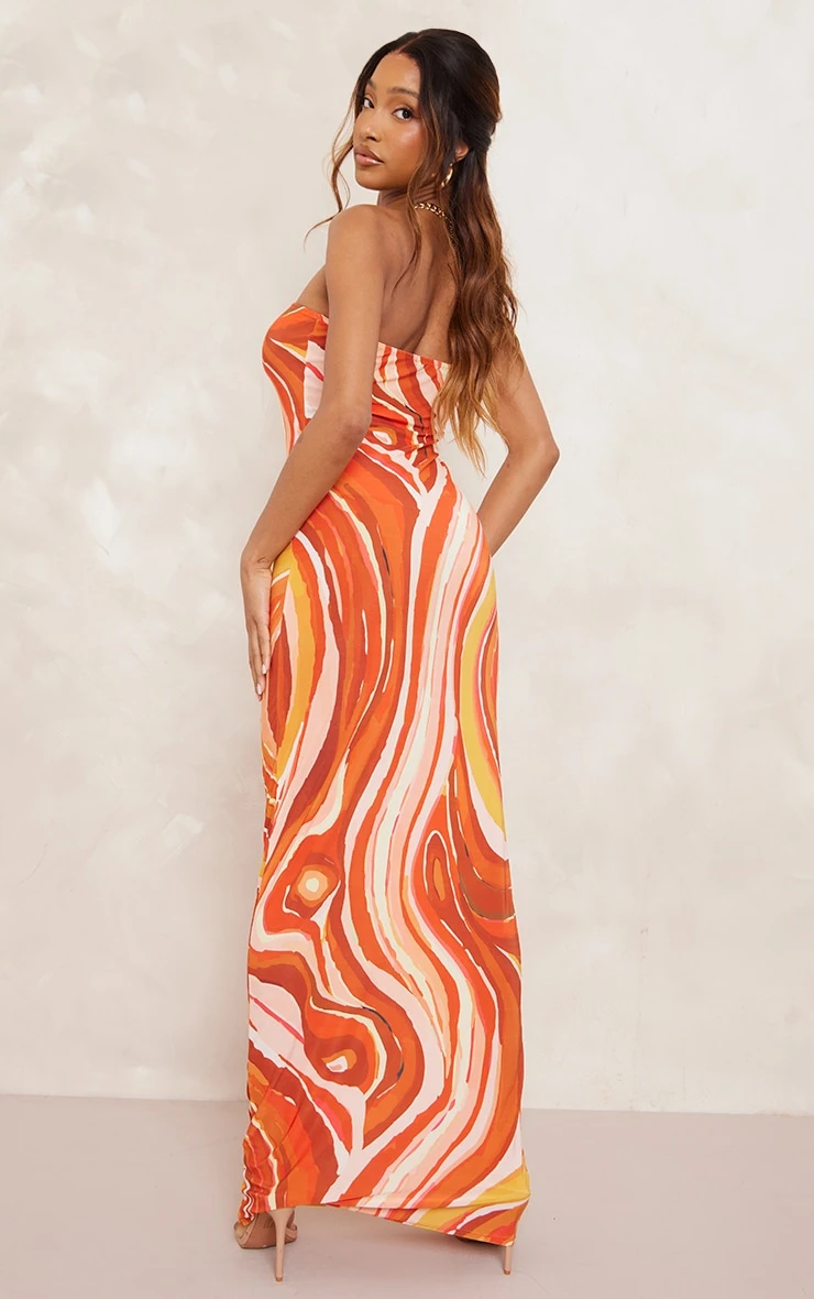Orange Swirl Print Slinky Bandeau Maxi Dress 4 Orange Swirl Print Slinky Bandeau Maxi Dress - Image 2