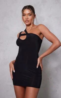 Black Slinky Cut Out Asymmetric Strap Bodycon Dress