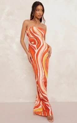 Orange Swirl Print Slinky Bandeau Maxi Dress