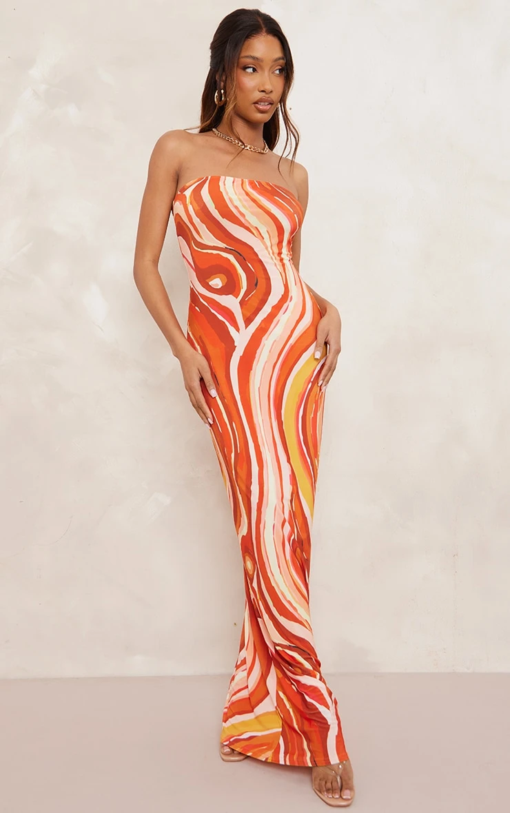 Orange Swirl Print Slinky Bandeau Maxi Dress 3 Orange Swirl Print Slinky Bandeau Maxi Dress