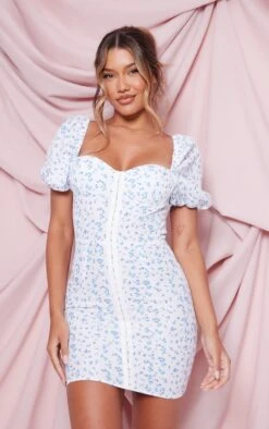 Blue Ditsy Floral Corset Floaty Sleeve Bodycon Dress