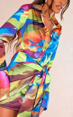 Multi Abstract Print Satin Tie Detail Shirt Dress -Cheap Dress Store 5c28be67eca6207ed1937dedfecb3cab71d9135f cne4574 4