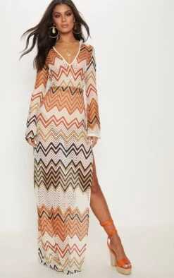 Burnt Orange Chevron Print Lace Maxi Dress