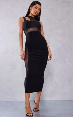 Black Slinky Mesh Insert Racer Midaxi Dress