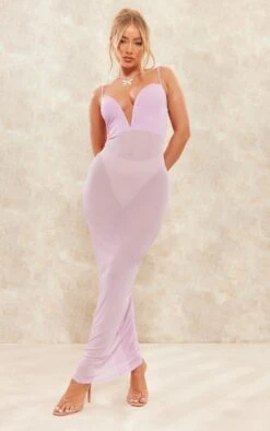 Lilac Mesh Sheer Extreme V Bar Strappy Maxi Dress