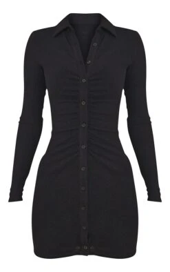 Black Brushed Rib Ruched Long Sleeve Shirt Dress -Cheap Dress Store 60468b765160028a5a3da2c84bddd9a421c2b88f cmp8332 6