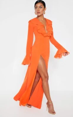 Bright Orange Plunge Frill Maxi Dress