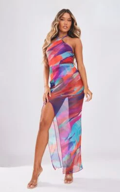 Multi Abstract Print Mesh Halter Split Detail Maxi Dress