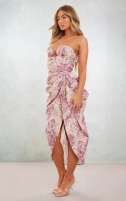 Multi Renaissance Print Underwired Ruched Drape Midi Dress