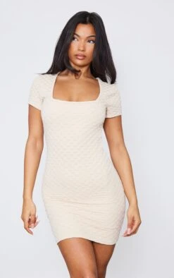 Stone Textured Short Sleeve Square Neck Bodycon Dress