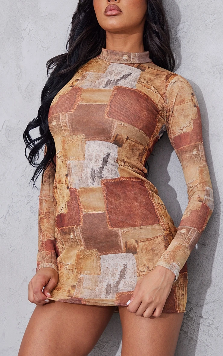 Brown Denim Print Ruched Sleeve Mesh Bodycon Dress 6 Brown Denim Print Ruched Sleeve Mesh Bodycon Dress - Image 4