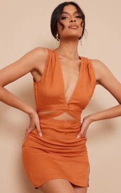 Rust Linen Look Twist Cut Out Sleeveless Bodycon Dress -Cheap Dress Store 6ed5625f232d31f0969baf17bf8aaa91bd55f068 cmy3088 4